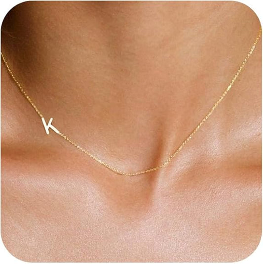Initial Necklaces For Women, Dainty Gold Letter Necklace 14k Gold Plated Sideways Initial Necklace Cute Name Simple Choker Necklaces For Women Trendy Jewellery Gifts